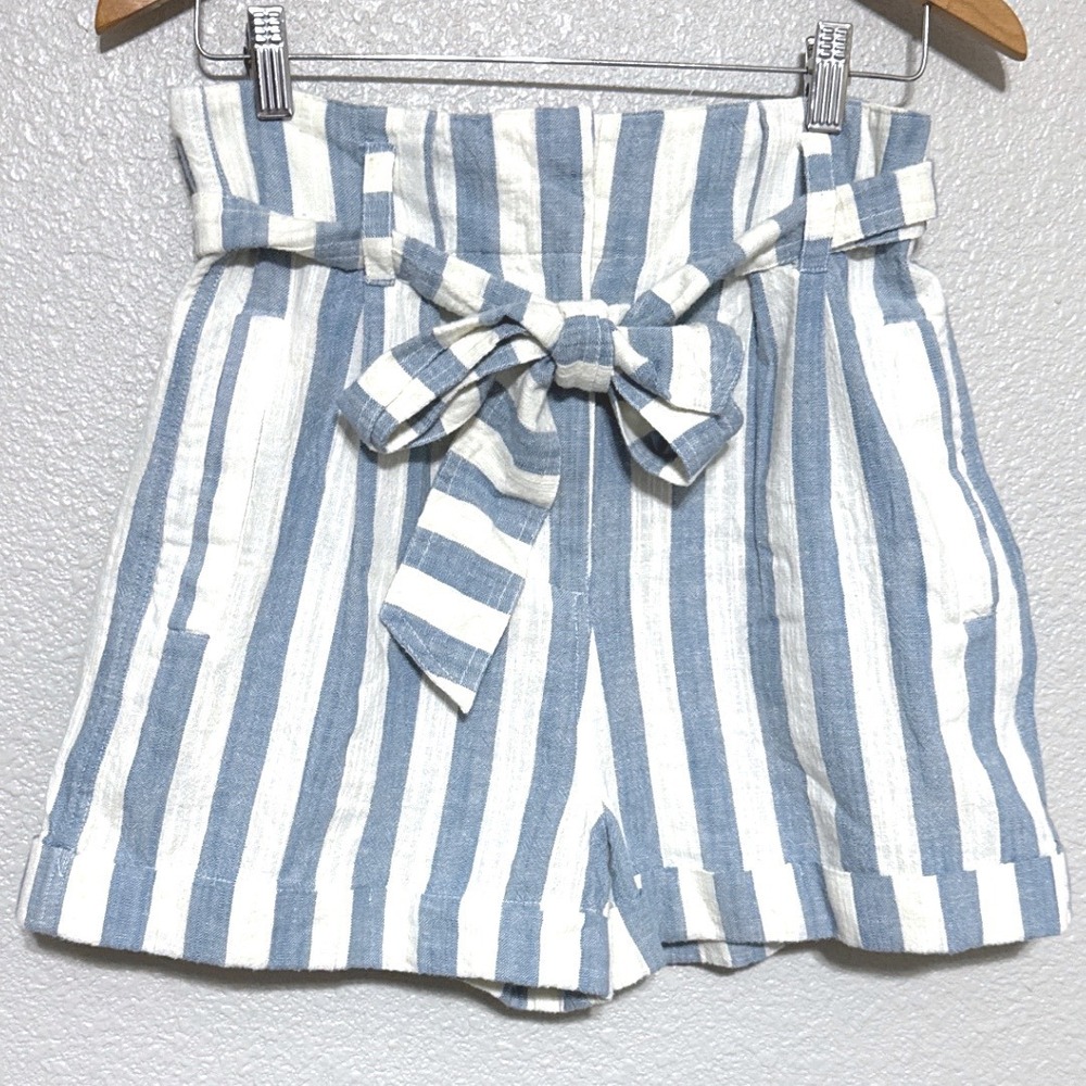Topshop Blue White Striped Paperbag Shorts Linen Sz 8 Coastal Beach Vacation